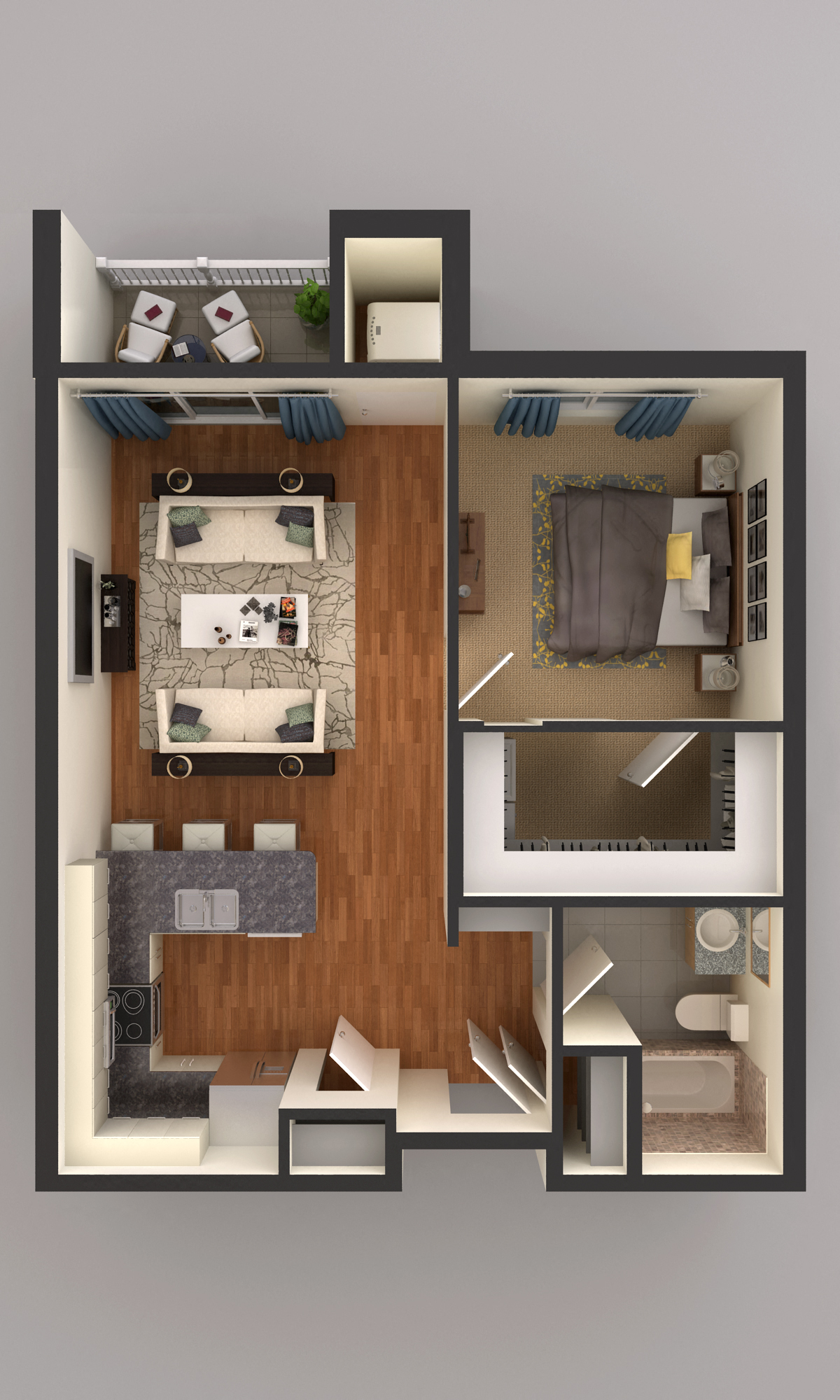 Floor plan for 1 bed, 1 bath, 717 sqft